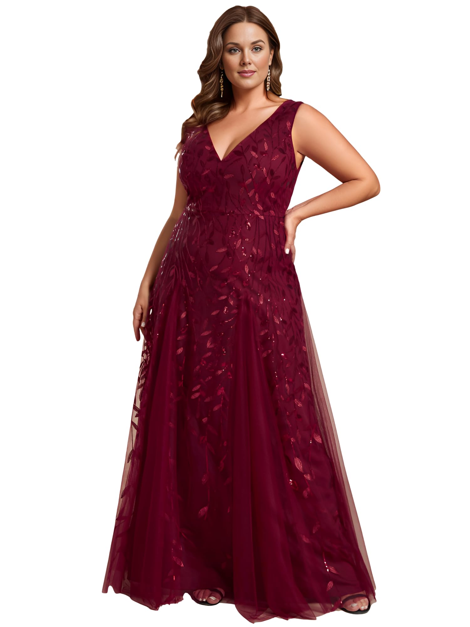 Ever-PrettyWomen's Floor Length V Neck Backless A-line Sleeveless Tulle Sequin Emboridery Plus Size Formal Dresses