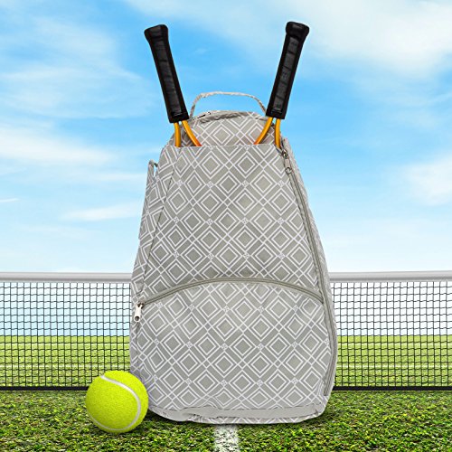 LISH Advantage Tennis Racket Backpack - Women's Geometric Diamond Print Tennis Racquet Holder Bag (Grey)