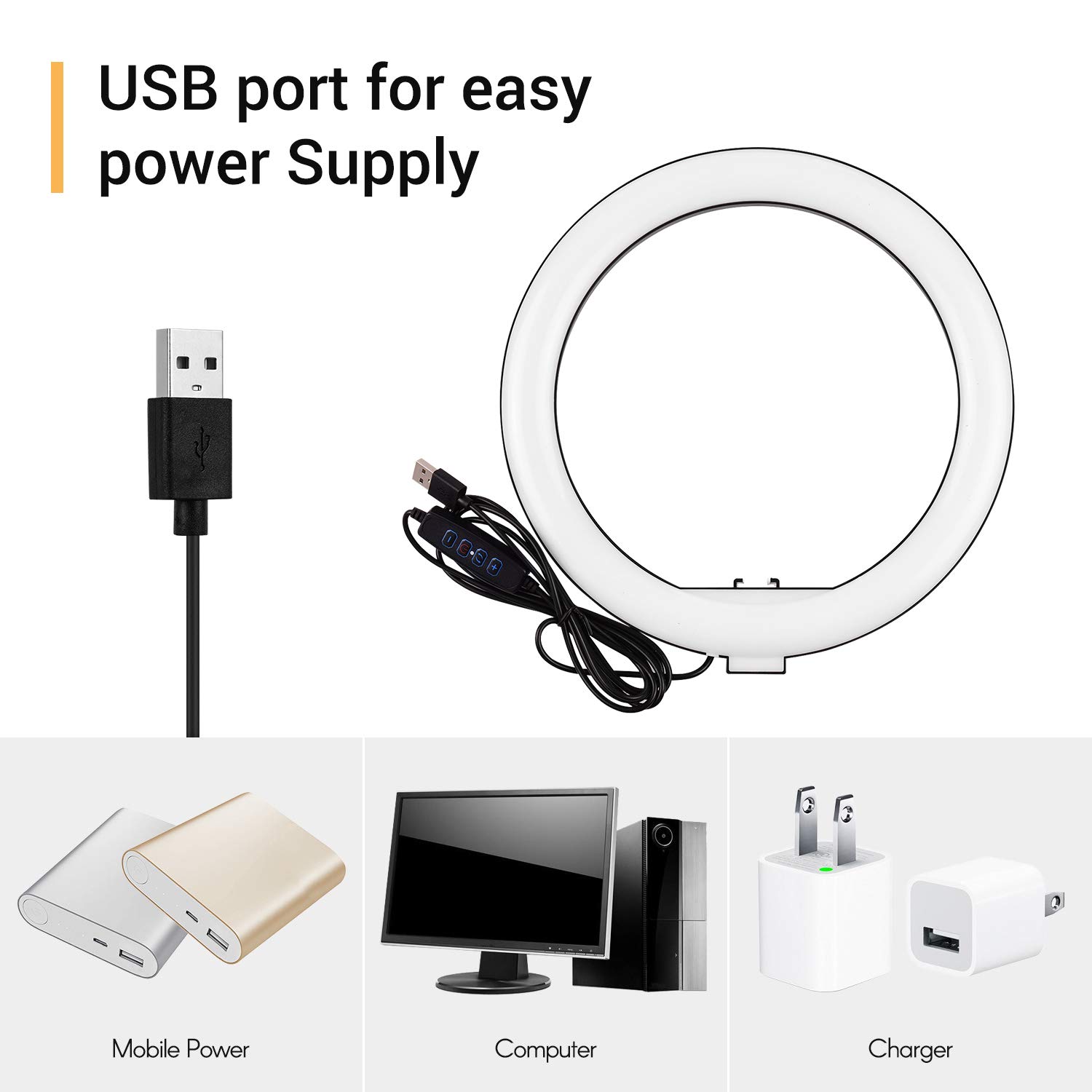 Mini Luce Anulare a LED da 10 Pollici, 3 modalità di Illuminazione 10 Livelli di luminosità Dimmerabile Alimentato Tramite USB, con Adattatore a Testa Sferica Ruotabile a