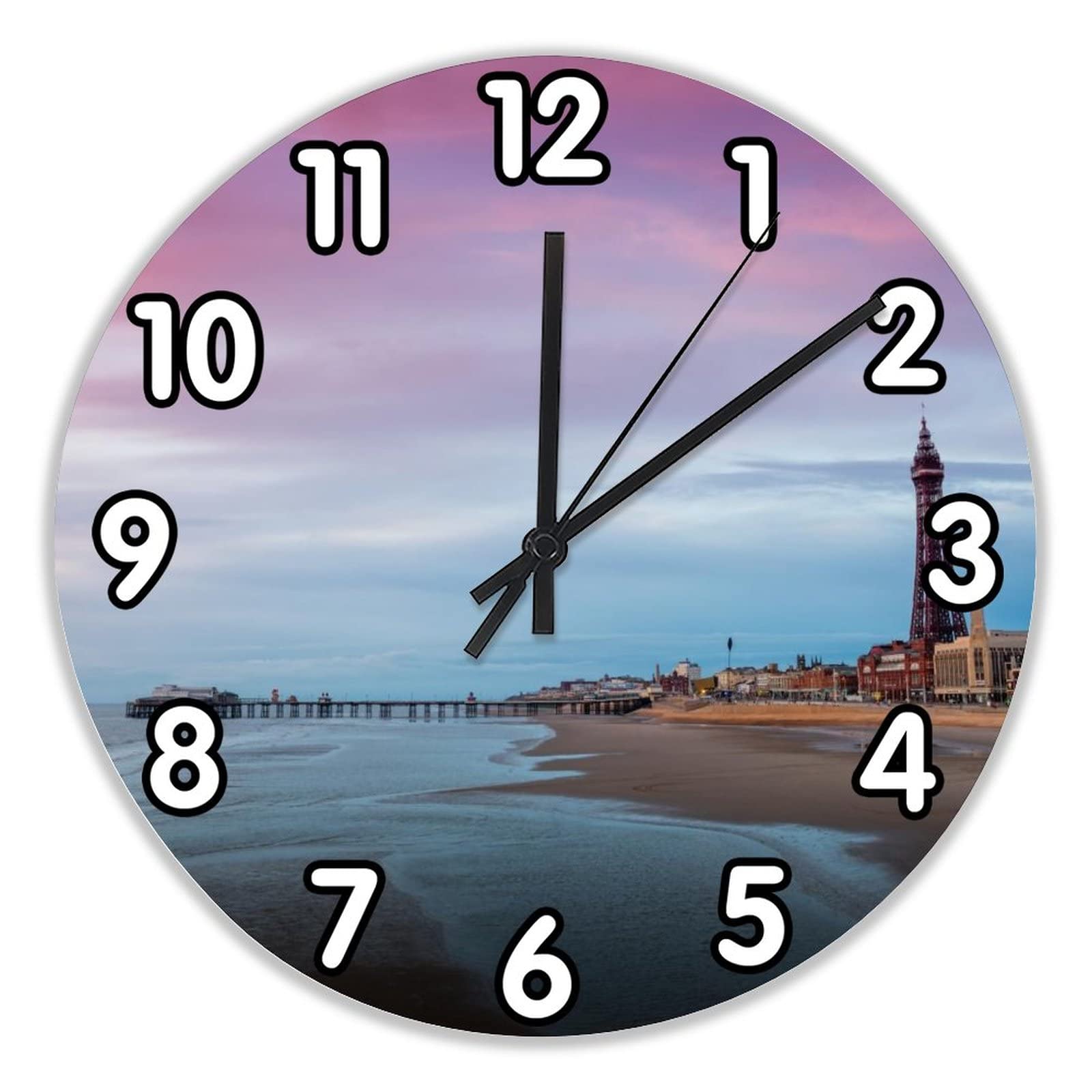 908 Wall Clock 490 Round Wall Clock 25Cm, Marinas England Blackpool - Beach Clocks Decorative Arabic Numerals Home Clock Non-Ticking Decorative Clock For Bedroom Dining Room Living Room