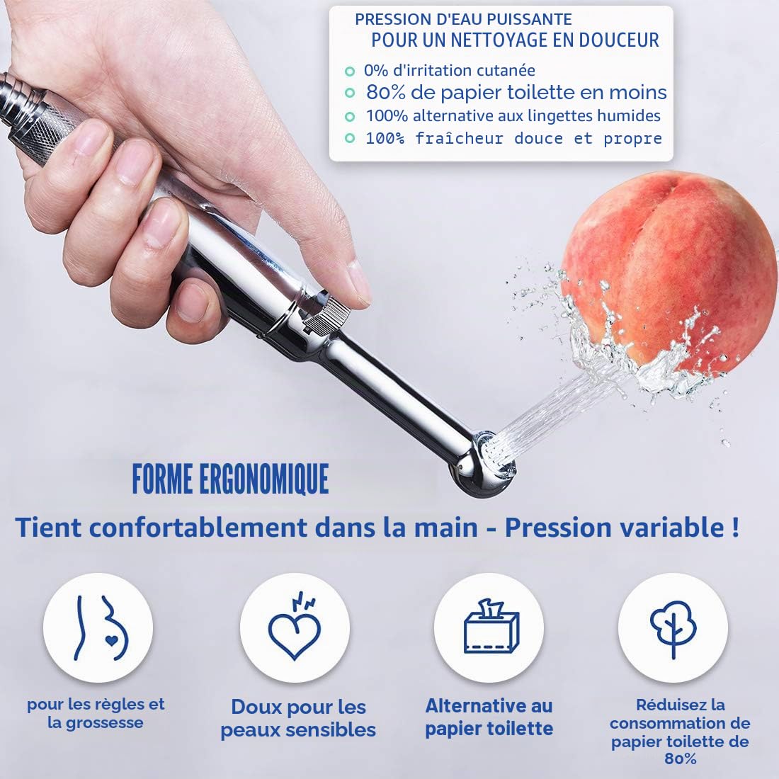 Tout métal Kit de douchette de bidet SonTiy - Pour toilettes, salle de bain, Avec pression et support réglables -chromé - Robinetterie pour WC, hygiène personnelle et nettoyage des couches