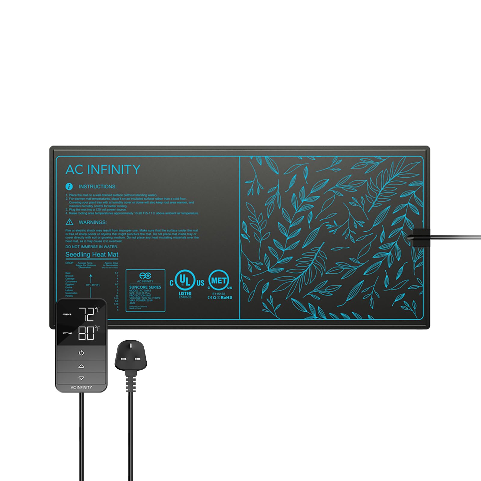 SUNCORE H3, Seedling Mat 25x50cm with Digital Thermostat Controller for Exact Temperature Levels, Waterproof Heating Pad for Indoor Gardening, Hydroponics, Germination Cloning 10" x 20.75"