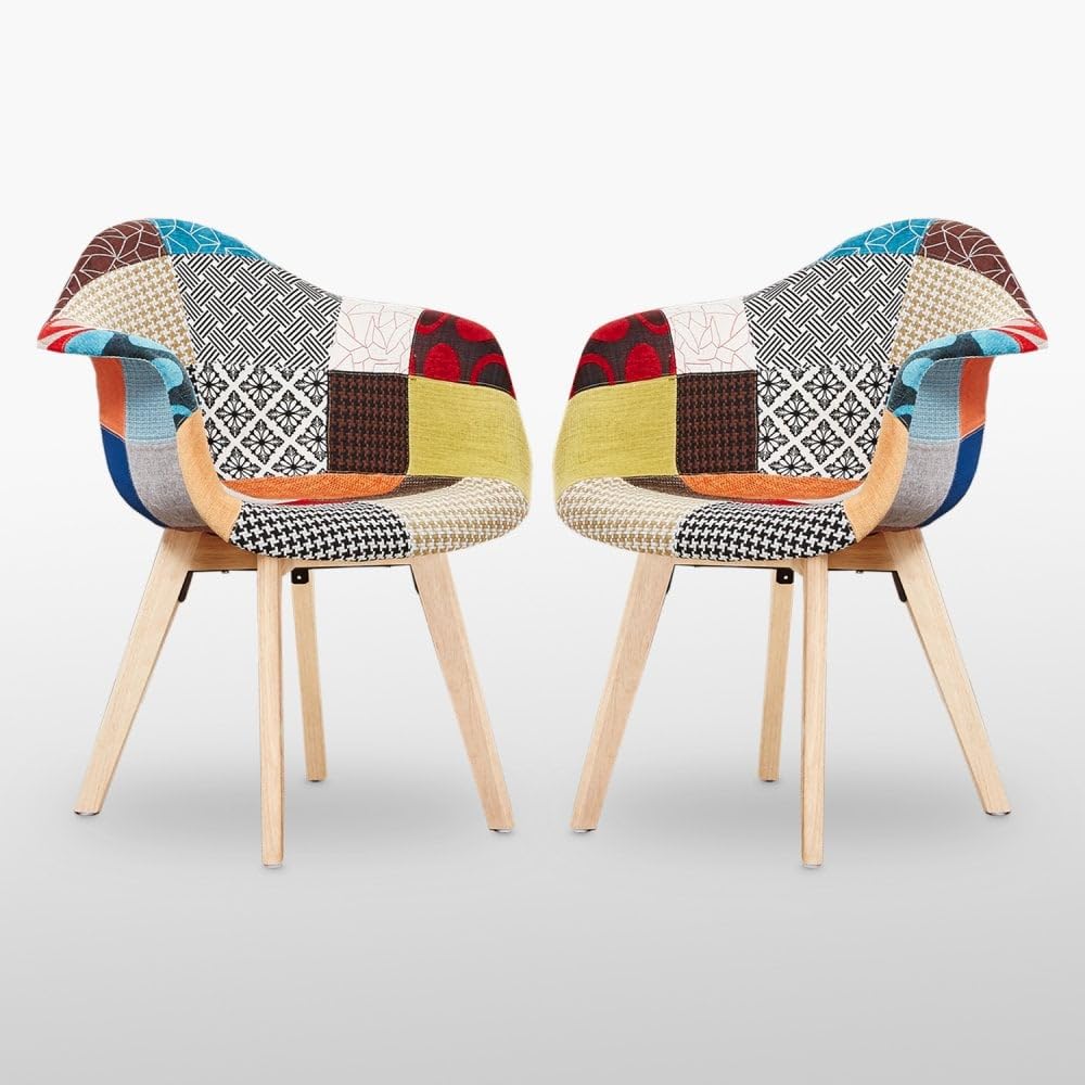 P&N Homewares Patchwork Dining Chair with Armrest - Mid-Century Modern Fabric Chairs with Wooden Legs, Foam Cushioning & Ergonomic Shell - Accent Chair for Dining Room, Office, Caffe or Living Space โ image 1
