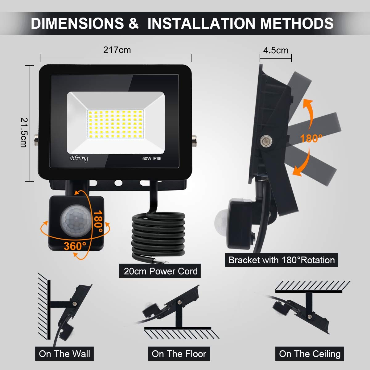 4 Stück 50 W LED-Strahler mit Bewegungsmelder, 5000 lm, LED-Außenstrahler mit Detektor, Kaltweiß (6000 K), wasserdicht, IP66, LED-Außenstrahler für Sicherheit, Garage, Flur