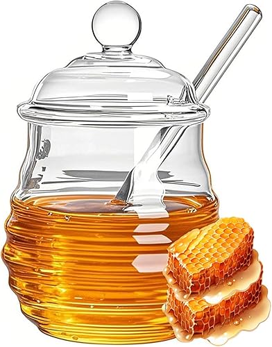 hiwafifi Tarro de miel de vidrio con tapa y tapa de 14 onzas, resistente al calor, recipiente de miel para almacenar miel y jarabe, organización del