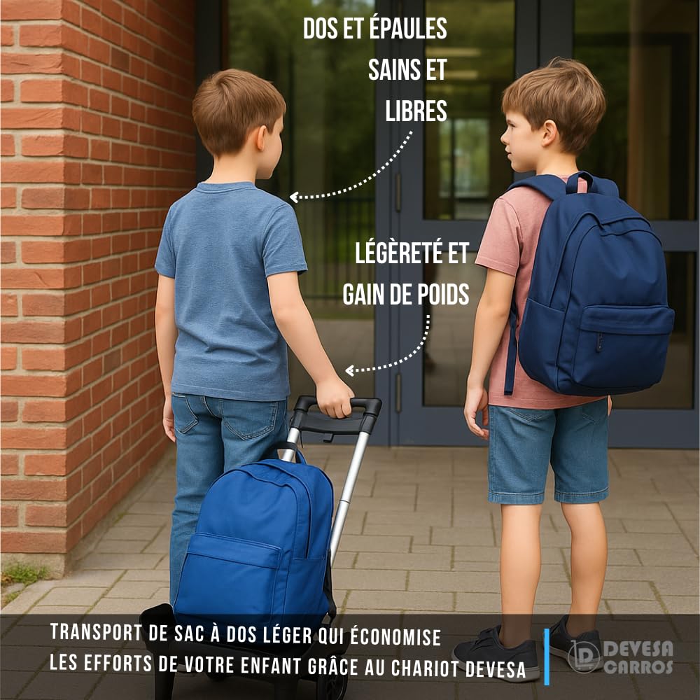 Devesa Chariot pour Sacs à Dos Scolaires – Léger, Pliable et Résistant, avec Base Protectrice et Grand Plateau, Roues Silencieuses et Design Ergonomique pour Éviter Le Mal de Dos - D203