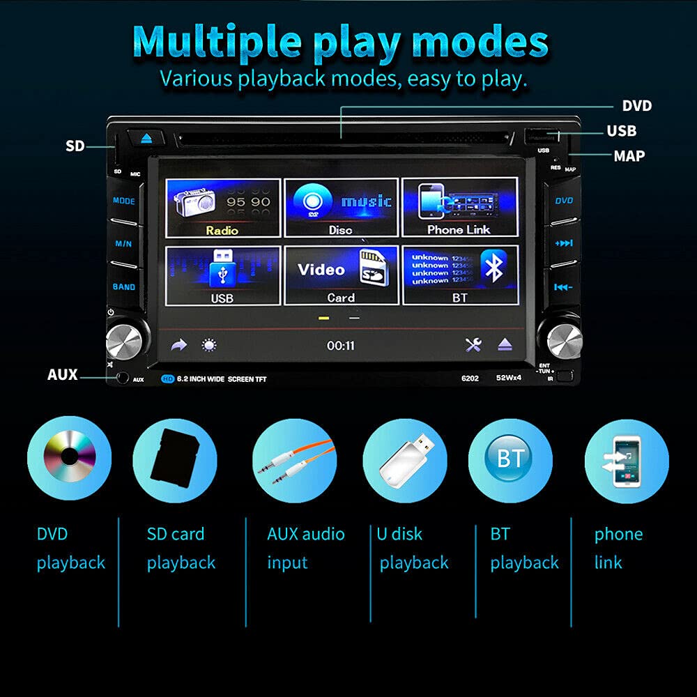 Riloer Doppio lettore DVD portatile per auto, con touchscreen digitale HD da 6,2 pollici, antenna stereo, Bluetooth integrato, microfono, chiamate in vivavoce, navigazione GPS