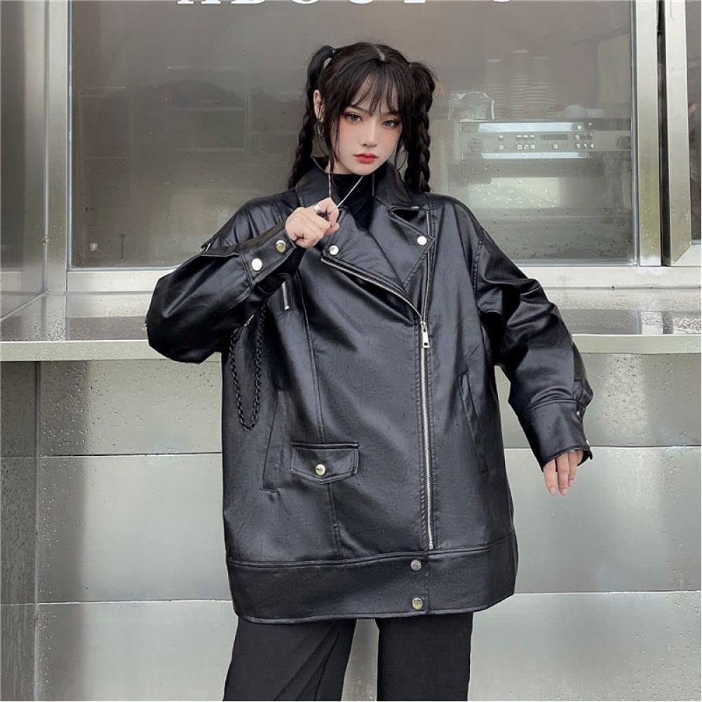 JFYZLT Japanese Fashion Women'S Loose Leather Motorcycle Jacket