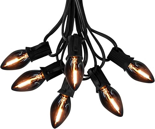 Luces LED C7 de Halloween, 25 pies, de cerámica, color naranja, luces de Halloween para interiores y exteriores con 25 bombillas LED C7, ideal como