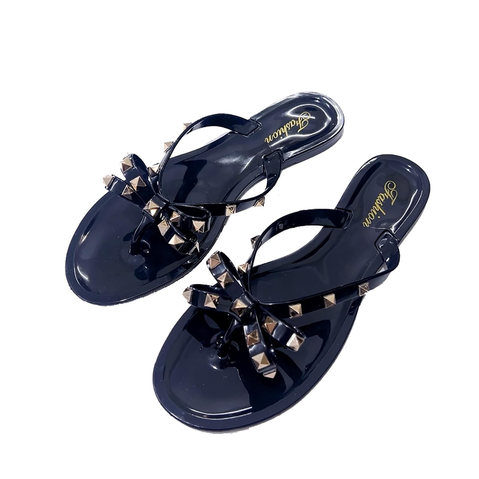 LVOMU Women's Studded Bow Jelly Flat Flip Flops Fashion Comfort Open Round Toe Slip On Thong Slipper Sandals With Rivets for Summer Outdoor Beach Pool