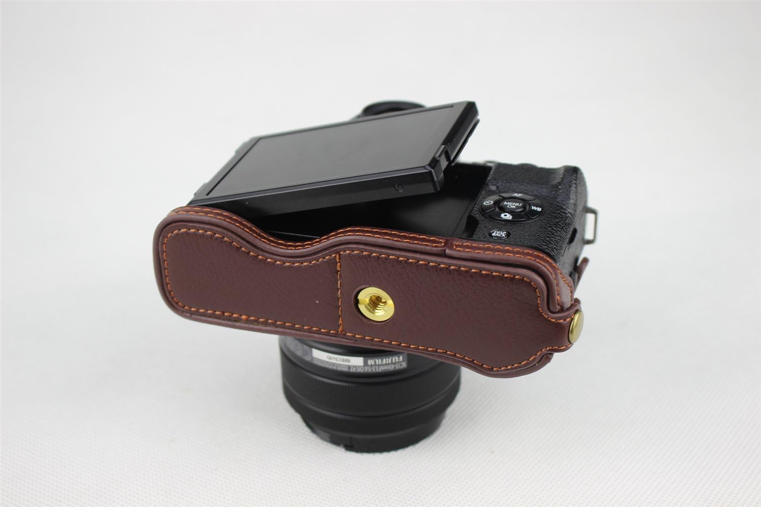 Buy 2 get 3 Fuji X-T100 Case, BolinUS Handmade Genuine Real Leather Half Camera Case Bag Cover for Fujifilm Fuji X-T100 XT100 Bottom Opening Version + Hand Strap -Coffee