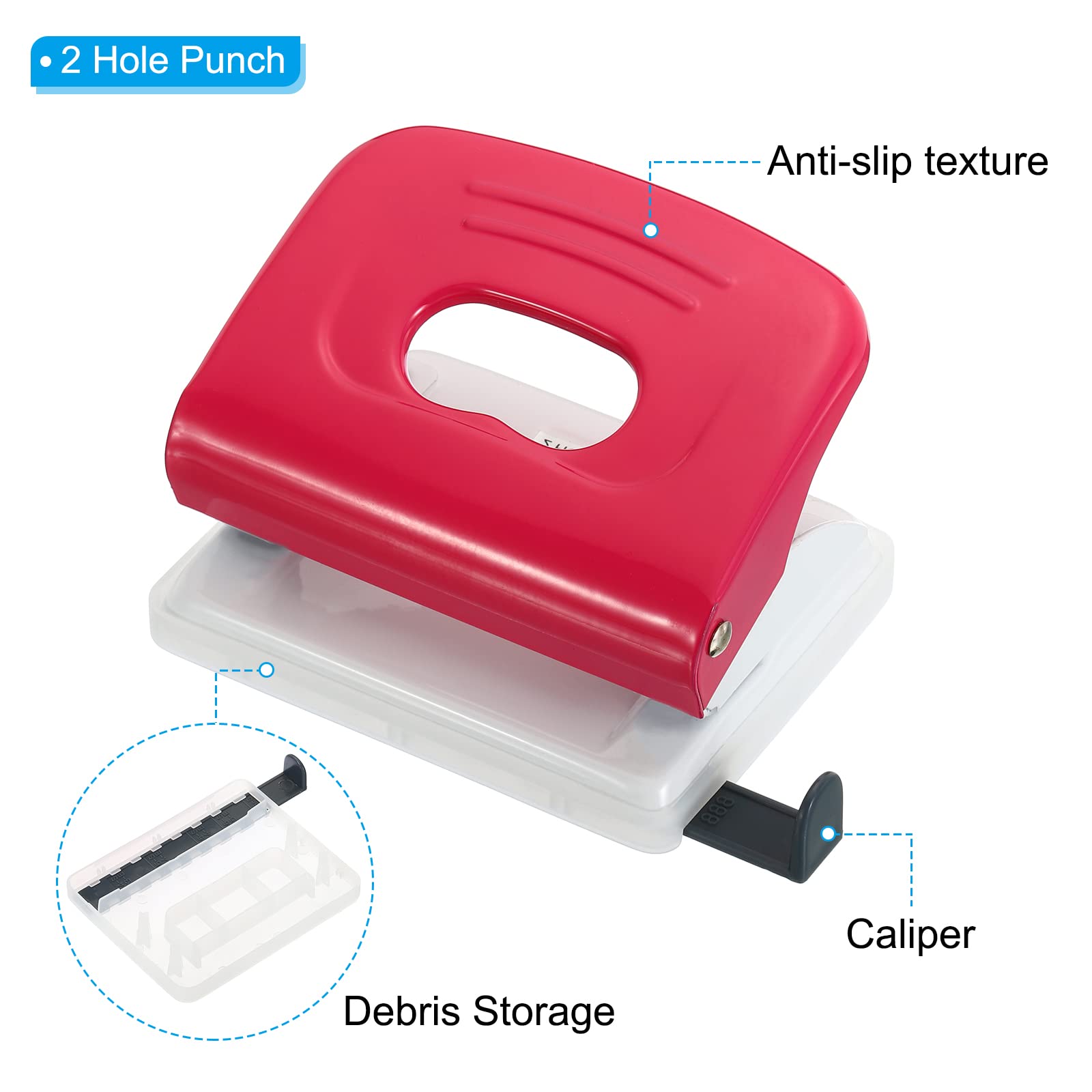 PATIKIL 1/4" 2 Hole Paper Punch, Metal Hole Puncher 10 Sheet Punch Capacity Adjustable Hole Punch for Office and Home Supplies Red - Image 4