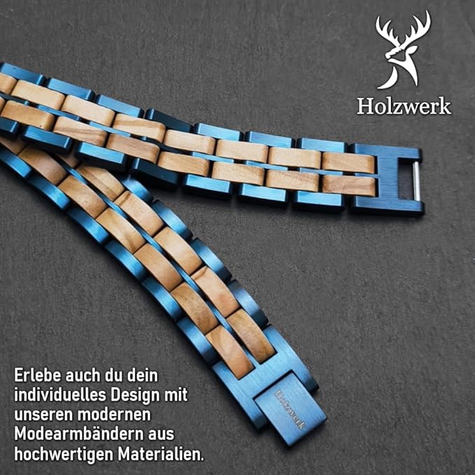 Holzwerk OBERSEE Natur Holz Armband für Damen und Herren Holzarmband Herrenarmband Damenarmband Braun Blau Einstellbar inkl. Armbandkürzer und Aufbewahrungsbox