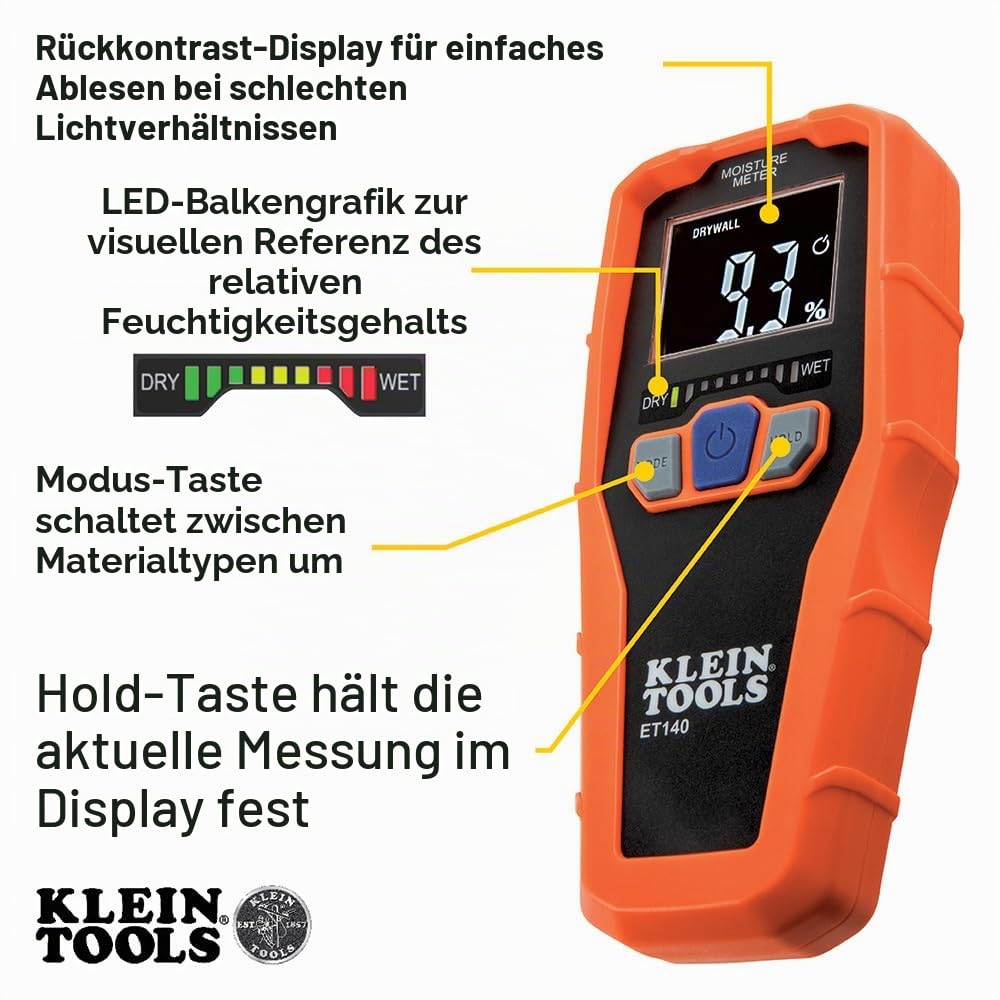 Klein Tools ET140 | Feuchtigkeitsmessgerät | Pinloser Detektor für Holz und Baustoffe | LED-Anzeige & akustischer Alarm | Erkennung bis 19 mm Tiefe | Für Wand-, Boden- & Heimwerkerarbeiten