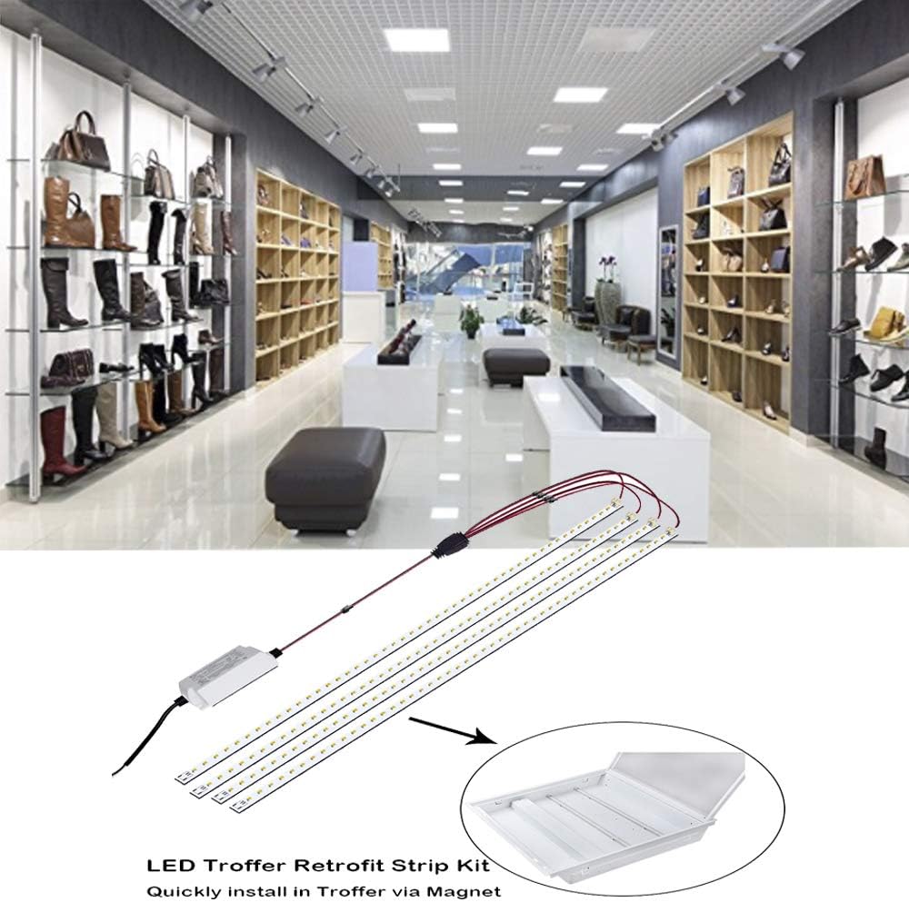 2x2 ft magnetic retrofit kit,2ft led troffer retrofit kit,36w,5400lm,daylight white 5000k,0-10v dimmable,t8 t10 t12 fluorescent replacement led light strip,easy to install 4tube