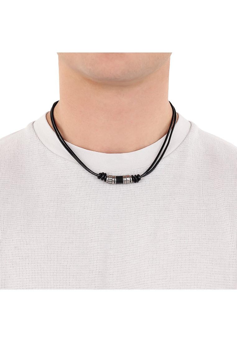 s.Oliver Kette mit Anhänger Edelstahl Leder Herren Halsschmuck, 45+5 cm, Silber, Kommt in Schmuck Geschenk Box, 2038006