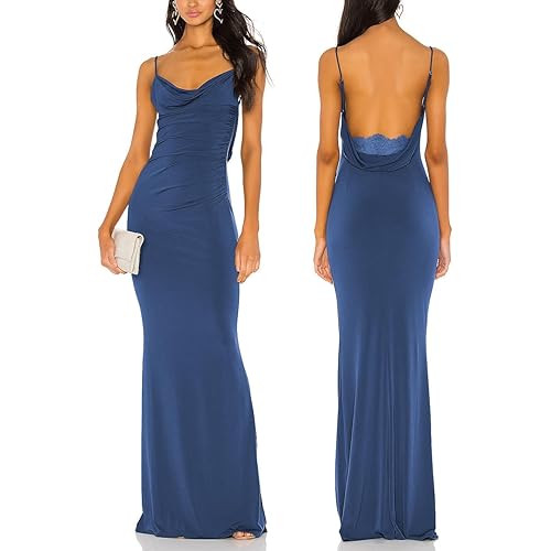 Aigeman Women Spaghetti Straps Mermaid Evening Gown Wedding Guest Dress Drape Neck Lace Backless Formal Maxi Dress 21