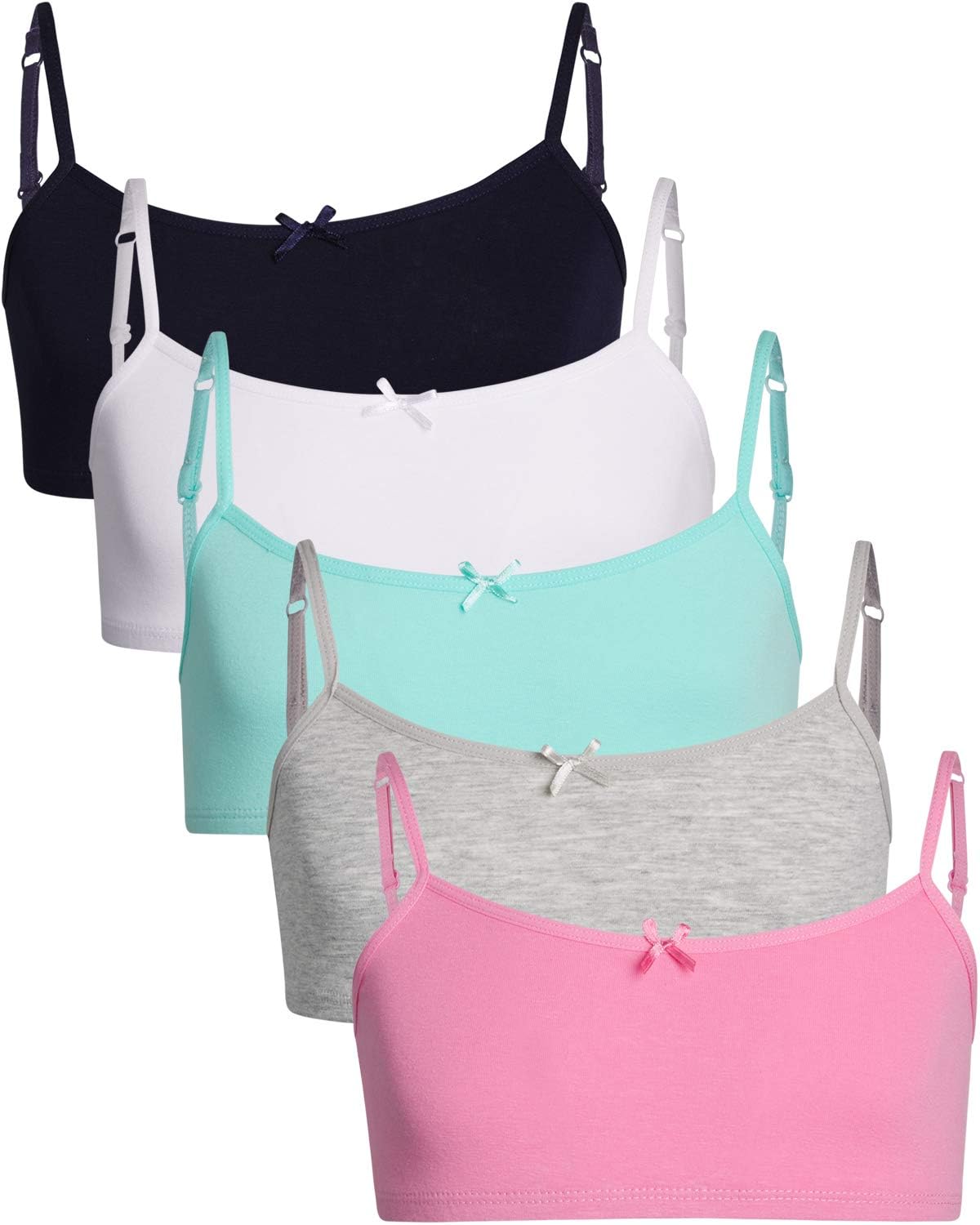 Rene RofeGirls' Joelle Training Bra – 5 Pack Stretch Cotton Cami Bralette – Bra for Girls, Adjustable Straps (7-14)