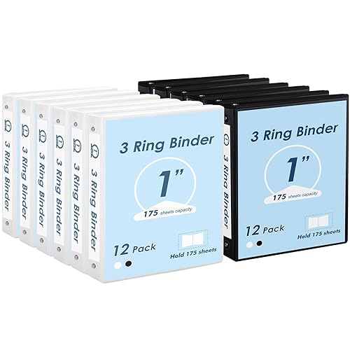 EOOUT 1 inch 3-Ring Binder 12 Pack Black and White with 2 Pockets Inside, Fits 11 x 8.5 Inch Paper with 175 Sheets Capacity, for Office, Home, School Project - Black & White