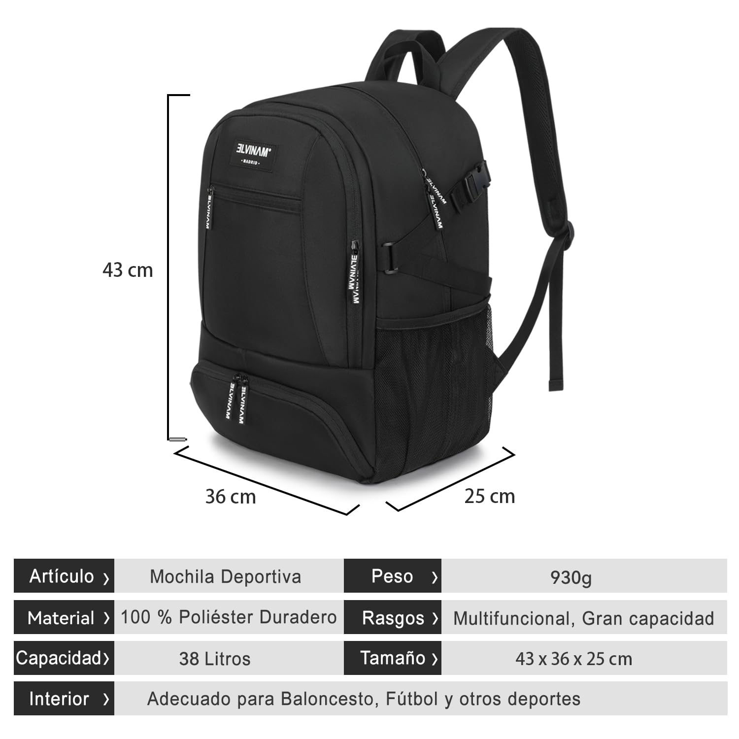 Mochila Baloncesto Impermeable Grande con Compartimento para Balón y Zapatillas