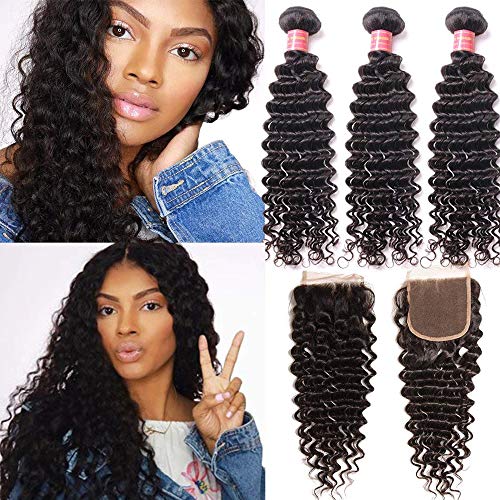Donmily 10A Brazilian Deep Wave 3 Bundles with Closure 100% Unprocessed Brazilian Deep Curly Virgin Human Hair Weave with Free Part Lace Closure Natural Color (20 22 24+18inch)
