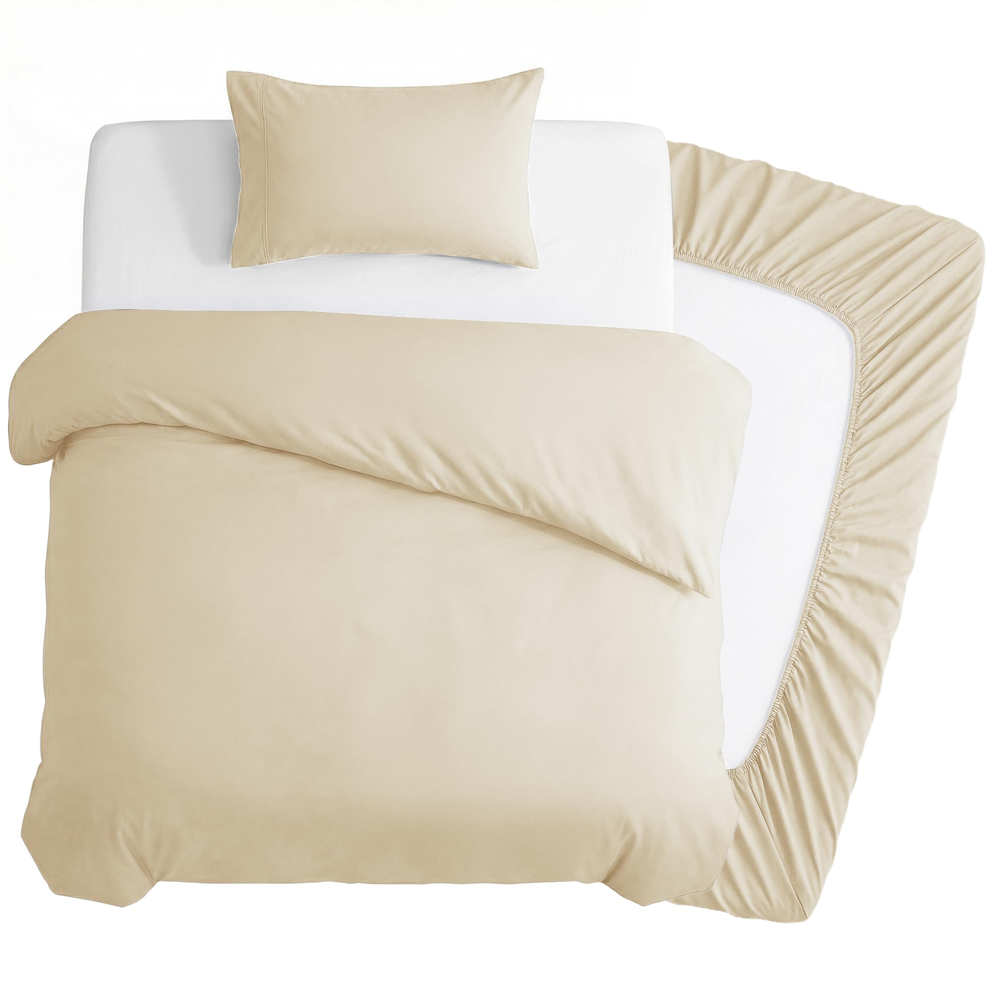 Deconovo 3 Piece Single Bedding Set, Brushed Microfibre Single Duvet Cover Set with 35cm Deep Fitted Sheet and 1 Pillowcase, Soft Quilt Cover for Single Bed - Beige