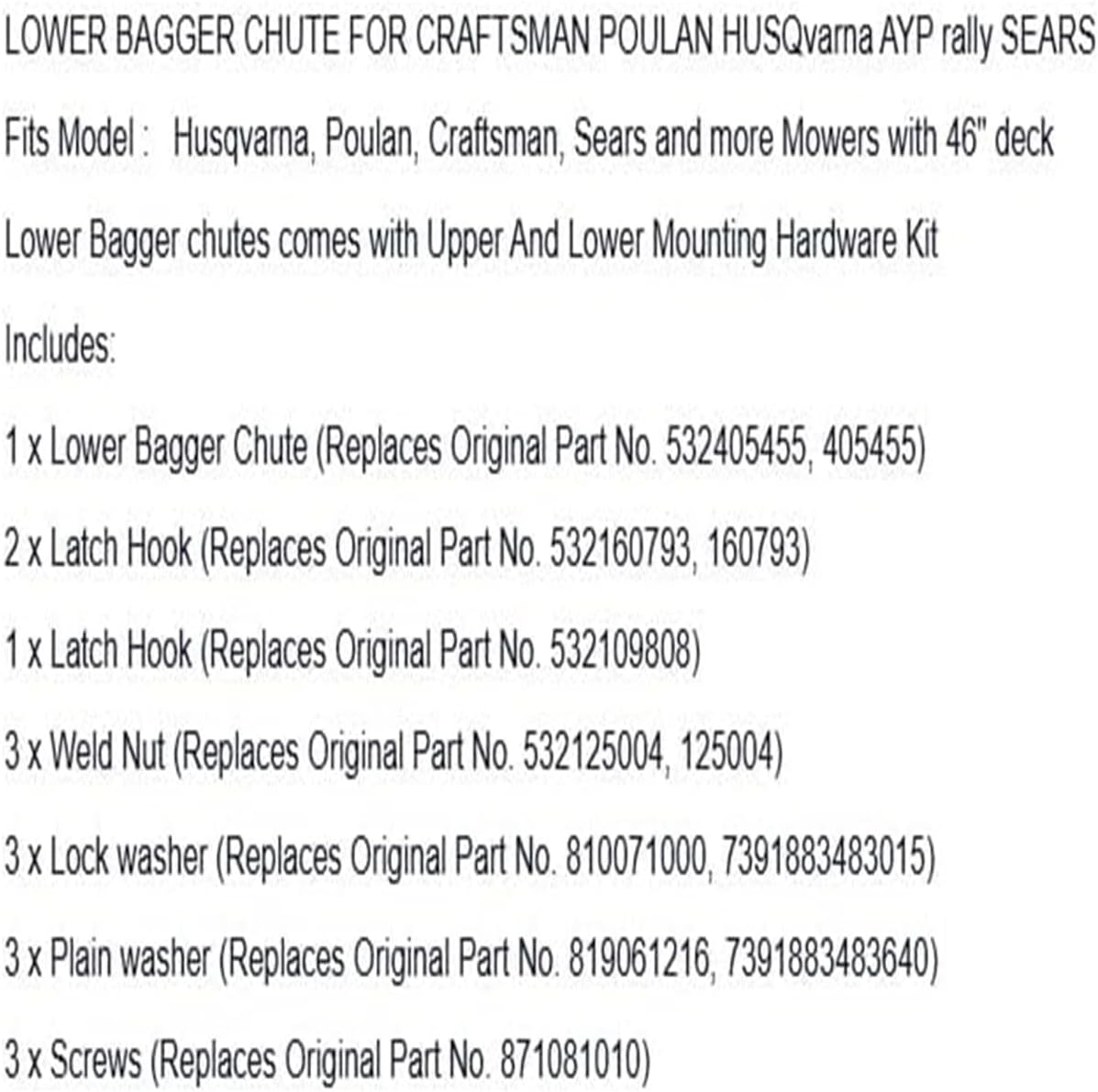 Replacement for Craftsman 46" Grass catcher lower Bagger Chute Fits 532405455W/Harware OEM