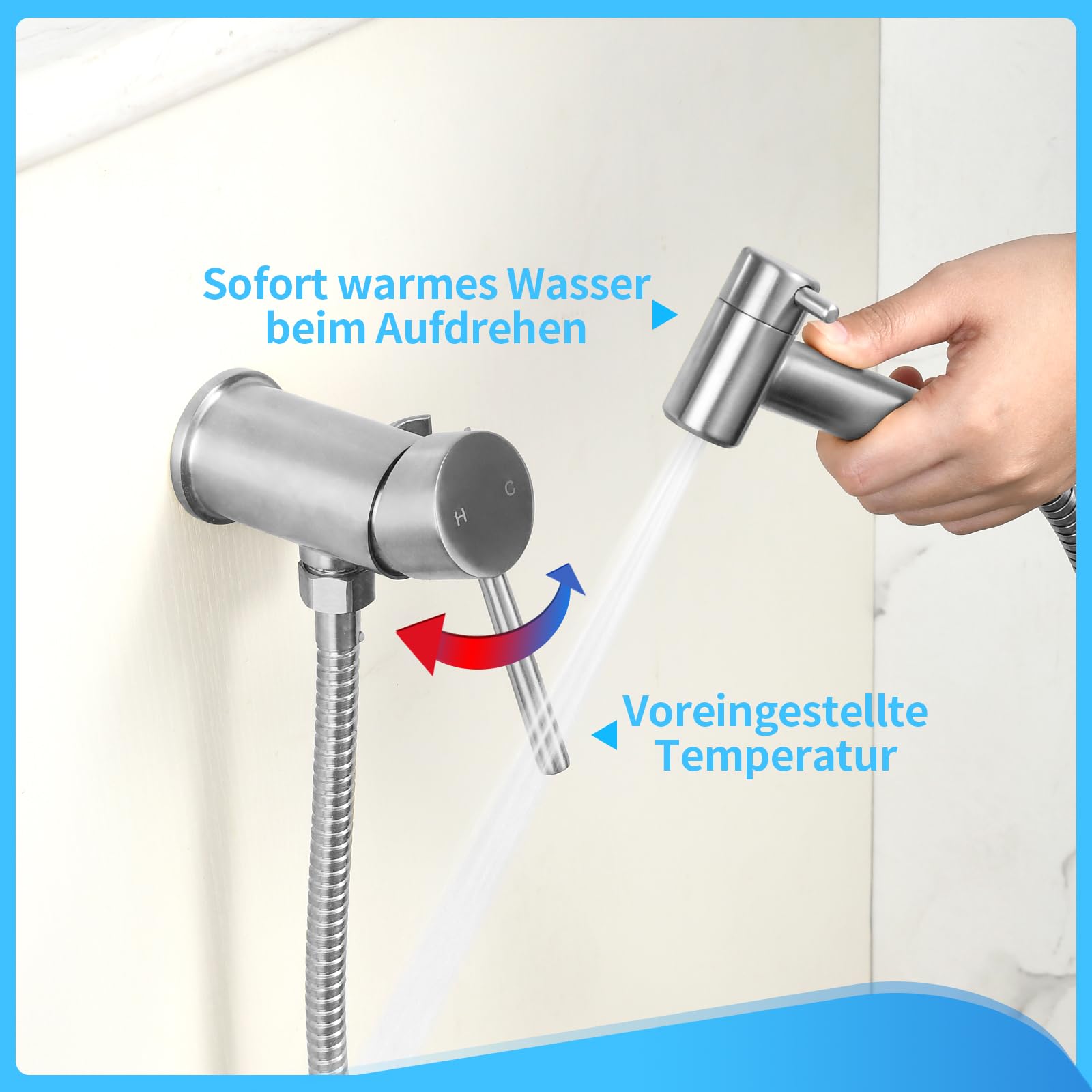 Edelstahl Bidet Handbrause mit Nickel Mattfinish inklusive Kalt-Warmwasser-Funktion sowie G1/2 Zoll und G3/8 Zoll Toilettenventil zur seitlichen Montage am Badezimmerschrank