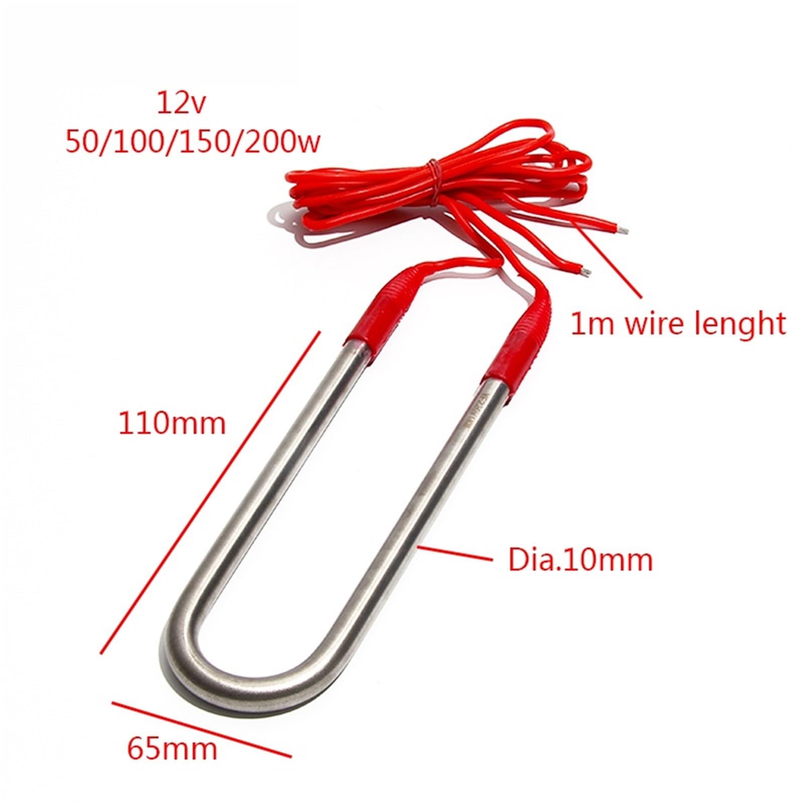 12 V U-Typ elektrisches Tauchheizelement 110 mm Heizwiderstand 50 W 100 150 200 1 m roter Draht Stück(12V_200W)