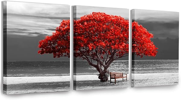 hyidecorart Tableau Decoration Murale Salon Moderne, 3 Pièces Tableaux Arbre De Vie Rouge, Nature Bord De Mer Paysage Impression Sur Toile, Chambre Salle De Bain Cuisine Bureau - 1