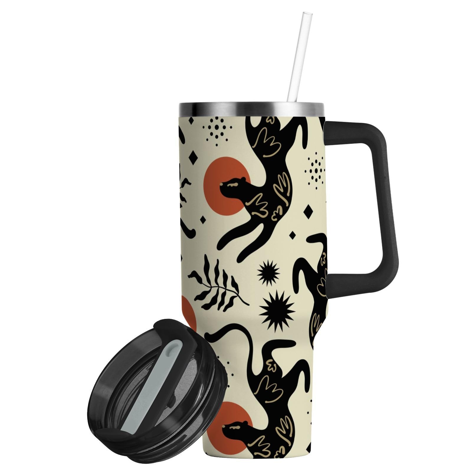 Isolierter Trinkbecher, ethnischer Boho-Leopardenmuster, doppelwandig, Edelstahl, Wasserflasche, Kaffeetasse, Reisebecher mit Griff, Strohhalm-Deckel
