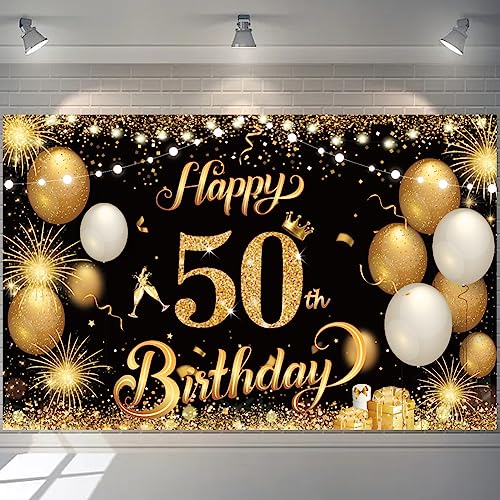 Yontree Happy 50th Birthday Banner - Gold 1.1 x 1.8m 50th Birthday Decorations for Women Men Anniversary Party Supplies (Black Gold)