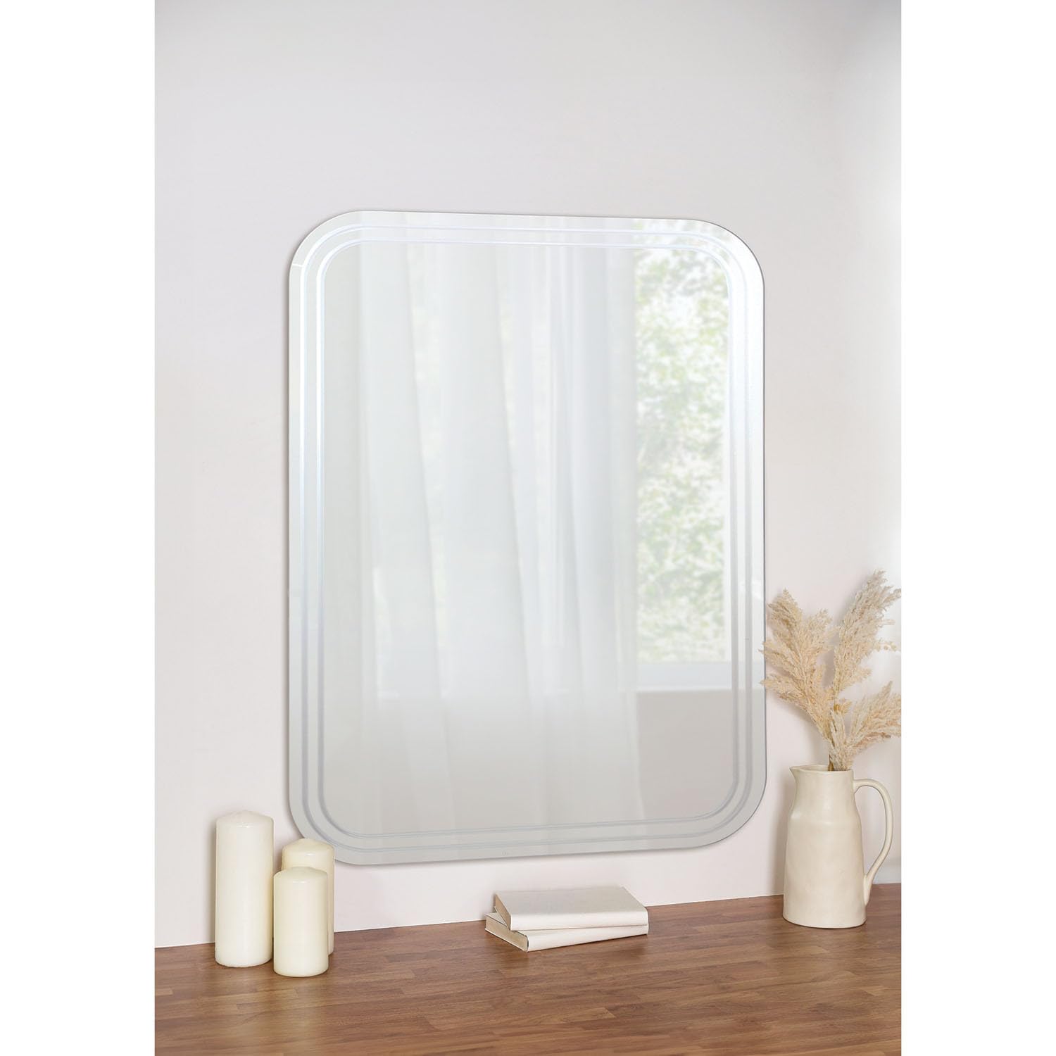 Biznest 90X60cm Etched Curved Wall Mirror Bathroom Mirror Wall Mounted Frameless Modern & Stylish Design With Contemporary Curved Bevelled Edges