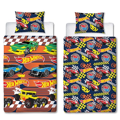 Hot Wheels - Juego de Funda de edredón para Cama Individual con Licencia Oficial de Racer, Ropa de Cama Reversible de 2 Caras, Incluye Funda de Almohada a Juego, Dormitorio Infantil