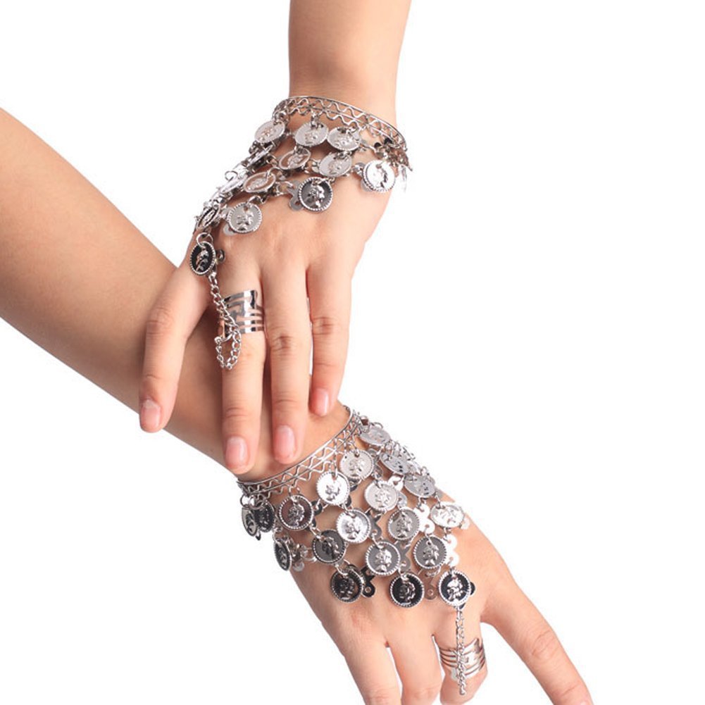 FSSTUD Belly Dance Wrist Bracelet Gypsy Jewelry Coin Bracelet Wrist Bangle Arm Cuff Bracelet Silver