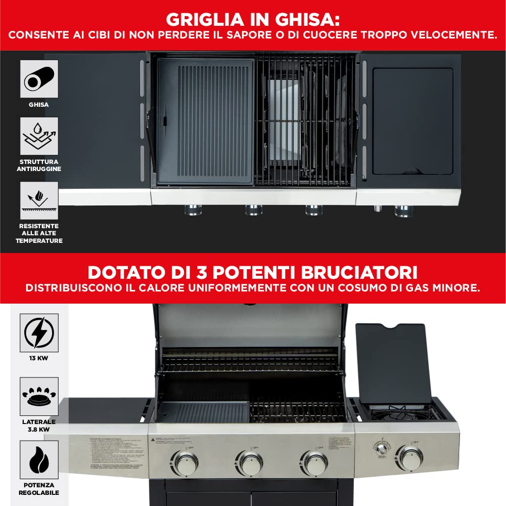 Arsard Barbecue a Gas Professionale XXL 4 Fuochi 13 KW Griglia In Ghisa Acciaio Inox