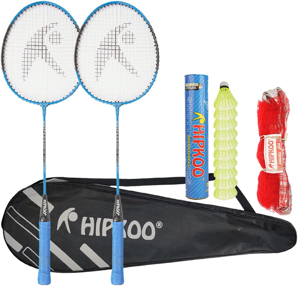 Hipkoo Sports Entire Aluminum Badminton Rackets Set of 2| Wide Body Shuttle Bat with Cover, 10 Shuttles and Net| Ideal for Beginner| Lightweight and Sturdy