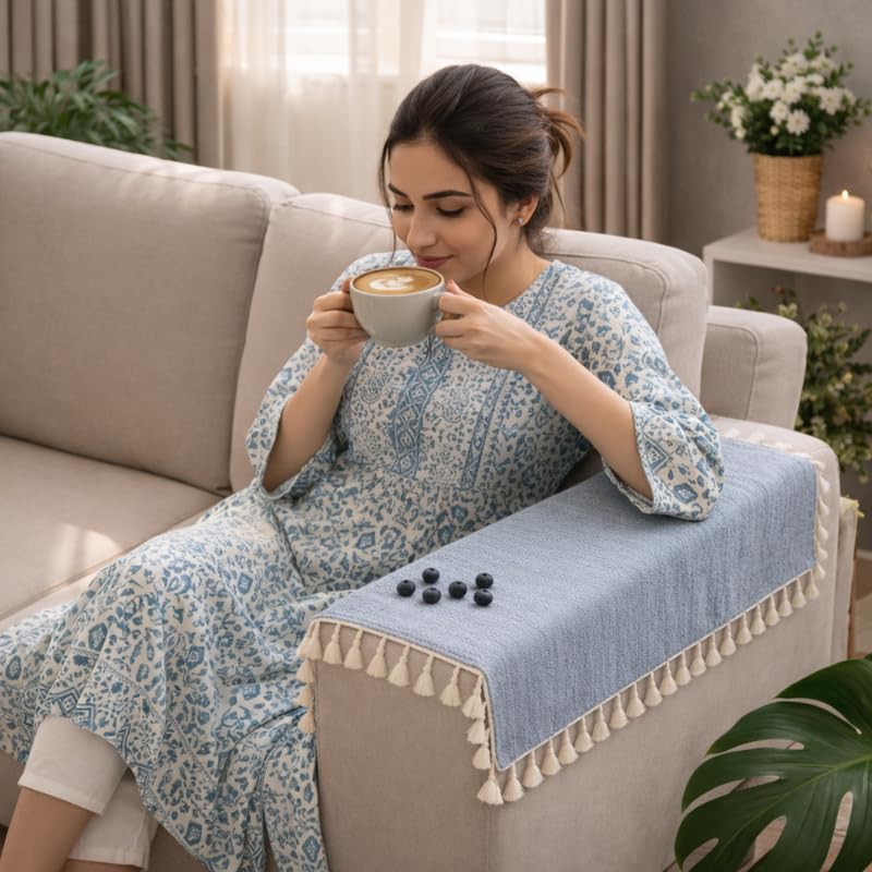 Image of STITCHNEST Premium Woven Fabric Sofa Arm Cover with Tassels | Elegant Hand Rest Protector | Durable & Stylish | 18 x 22 Inches