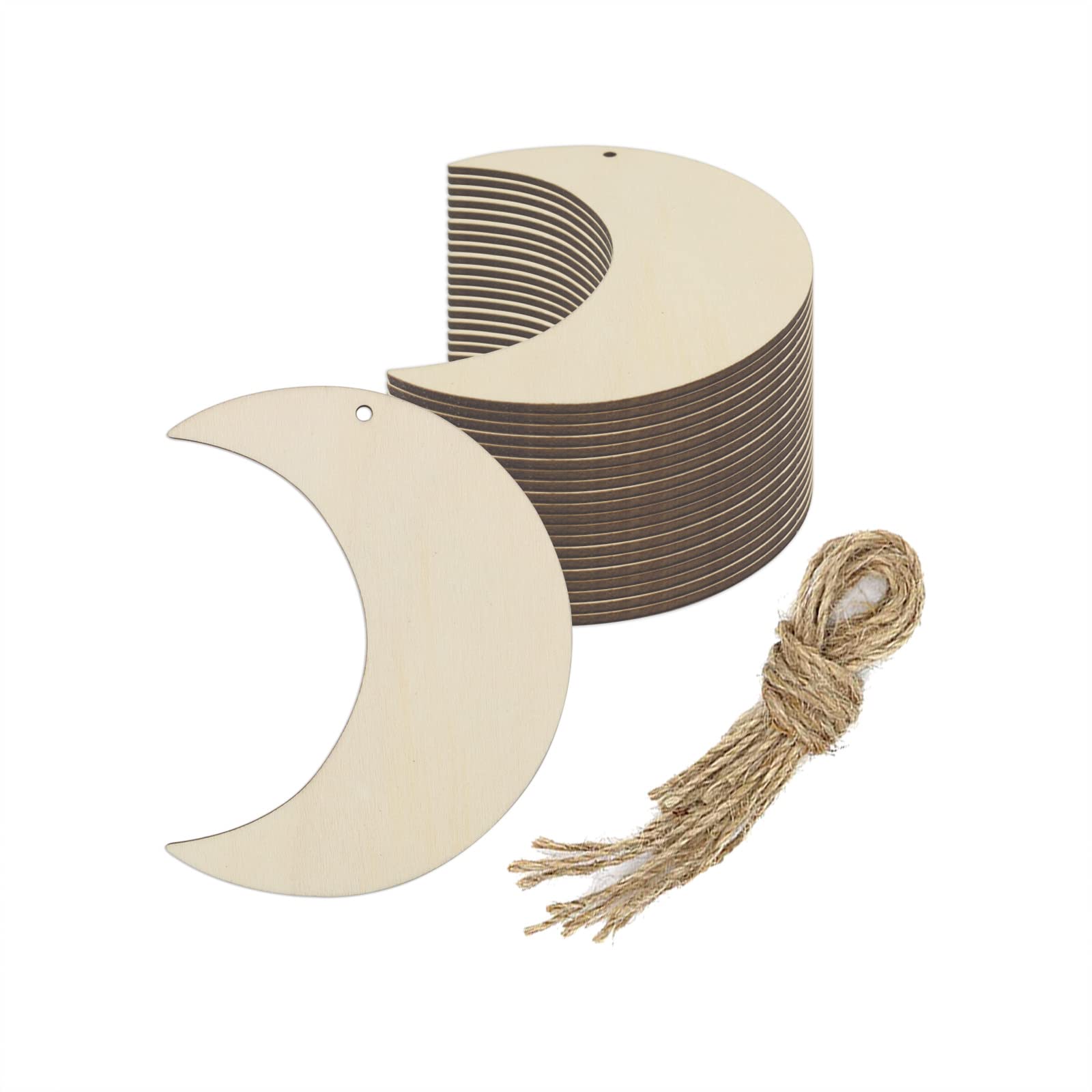40pcs Moon Wood DIY Crafts Cutouts Wooden Moon Shaped Hanging Ornaments with Hole Hemp Ropes Wood Tags for Wedding Birthday Baby Shower Christmas Decorations