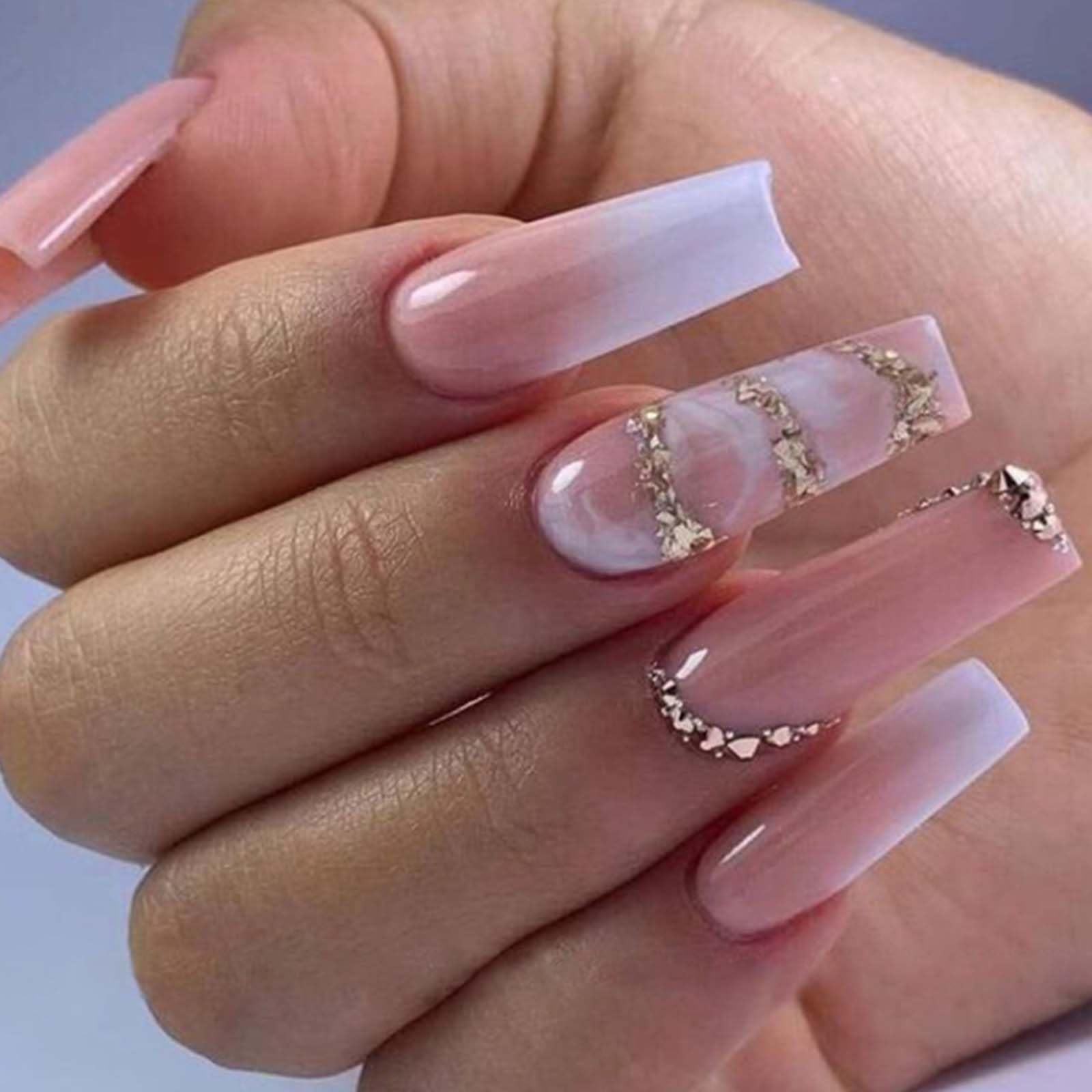 Gifiky Marble Nails Fake Nails Long Coffin Press on Nails Bling Nails Tips Crystal Gem Design Full Cover Gradient False Nails Pink for Women and Girls