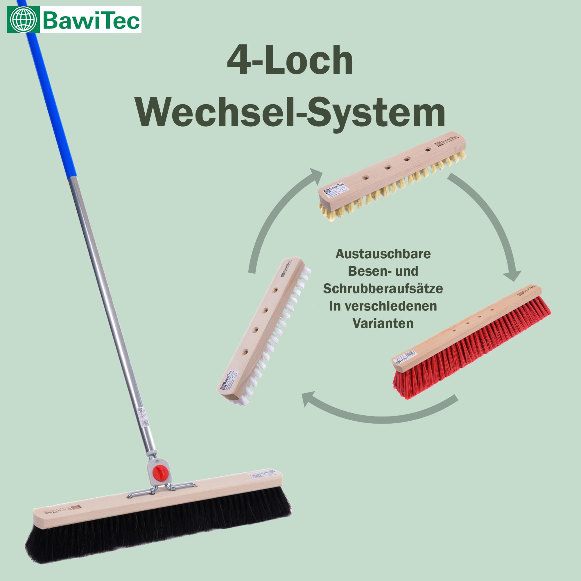 Sehr weicher Rosshaar Besen Saalbesen 80cm mit 4-Loch-System Stiel Alustiel | 4-Loch Wechselsystem, Aluminiumstiel 145cm, Sehr weiche Borsten, Für glatte Böden, Innenraum