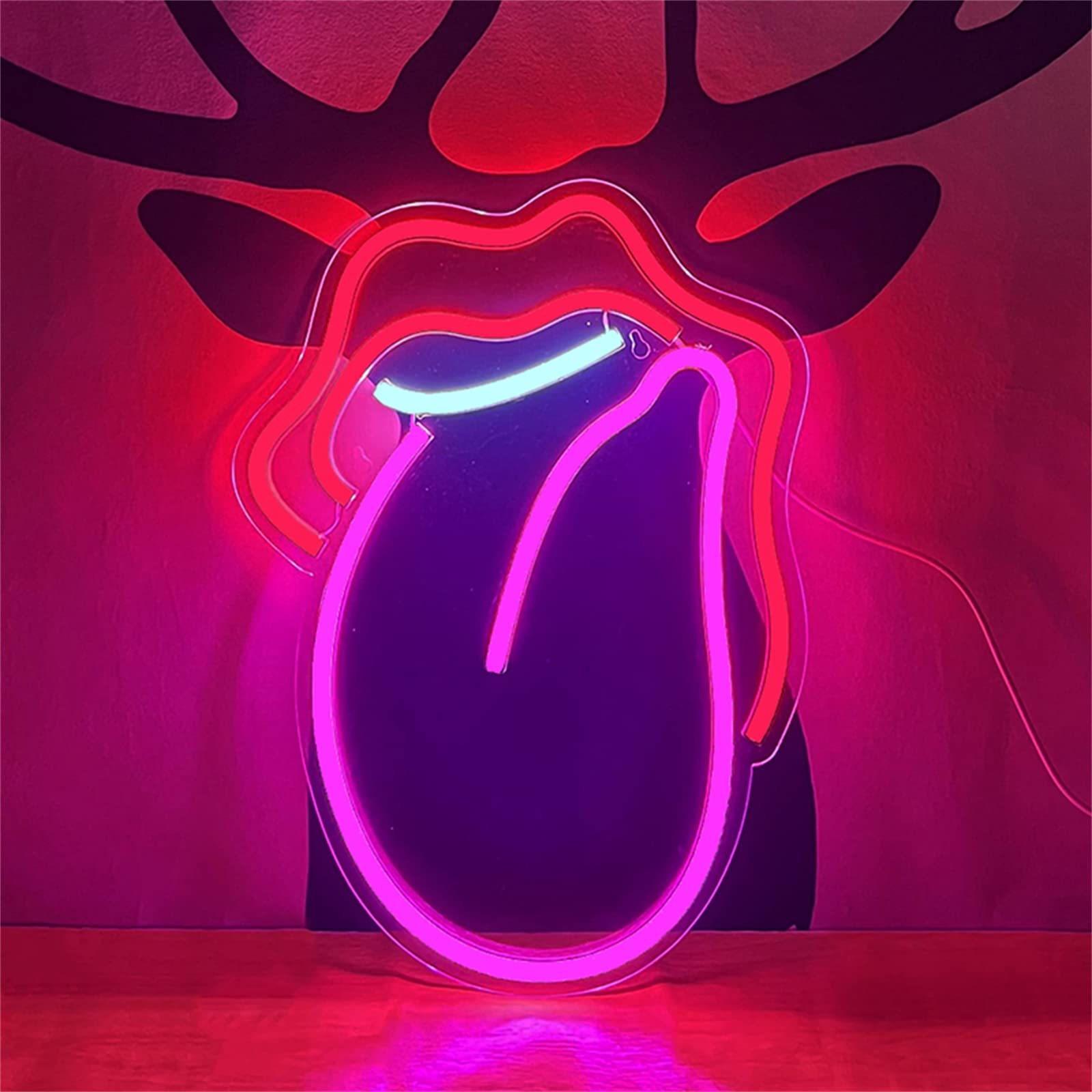 Letrero de luz de neón LED Letreros de neón de boca sexy, Luces de neón LED USB para labios y lengua para decoración de bar, Letrero luminoso para colgar en la pared de la ventana con interruptor, 32x