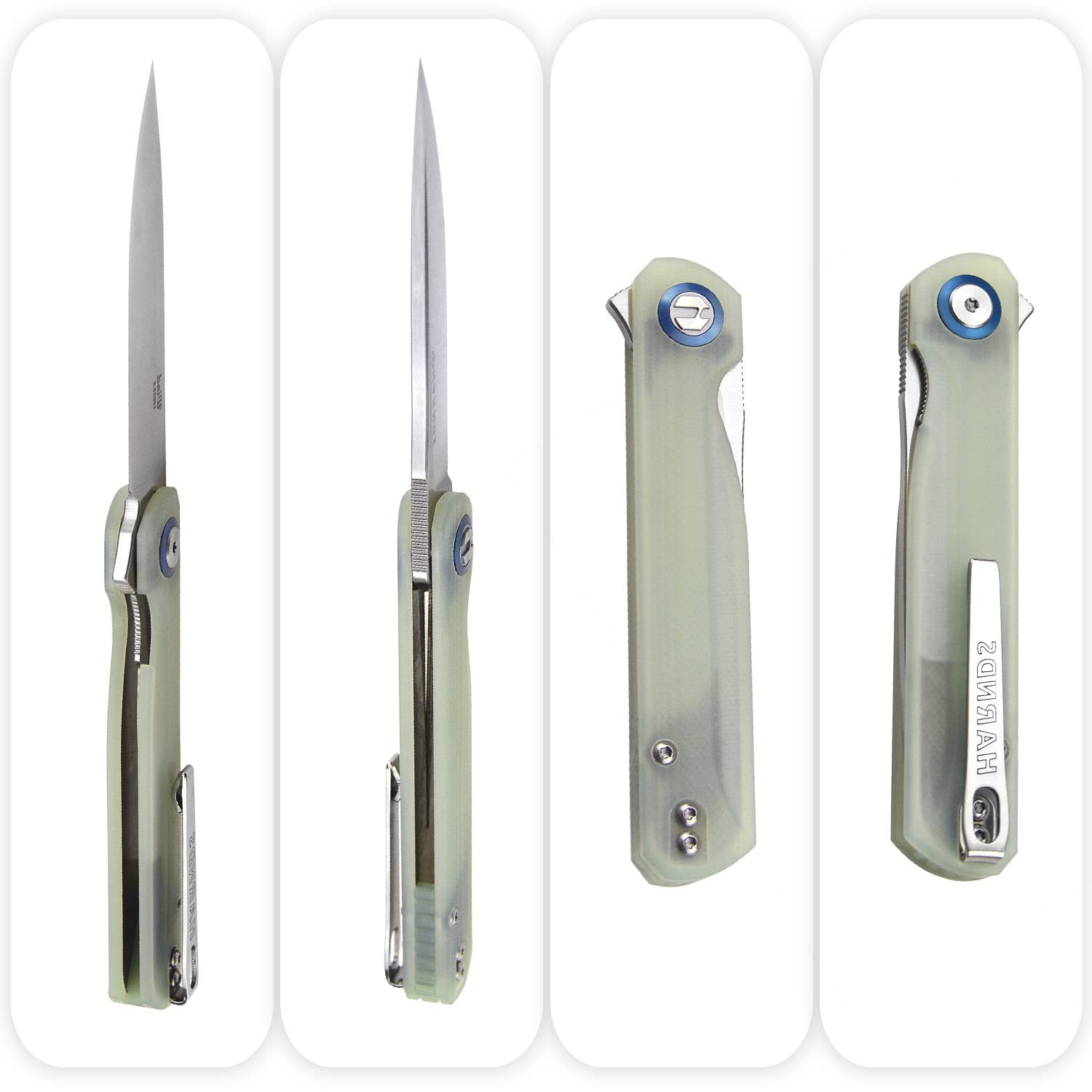 Harnds Cuchillo de bolsillo plegable Wind Flipper Hoja de G10 con cojinetes de cerámica Cuchillo de supervivencia para camping y EDC (Cian transparente)