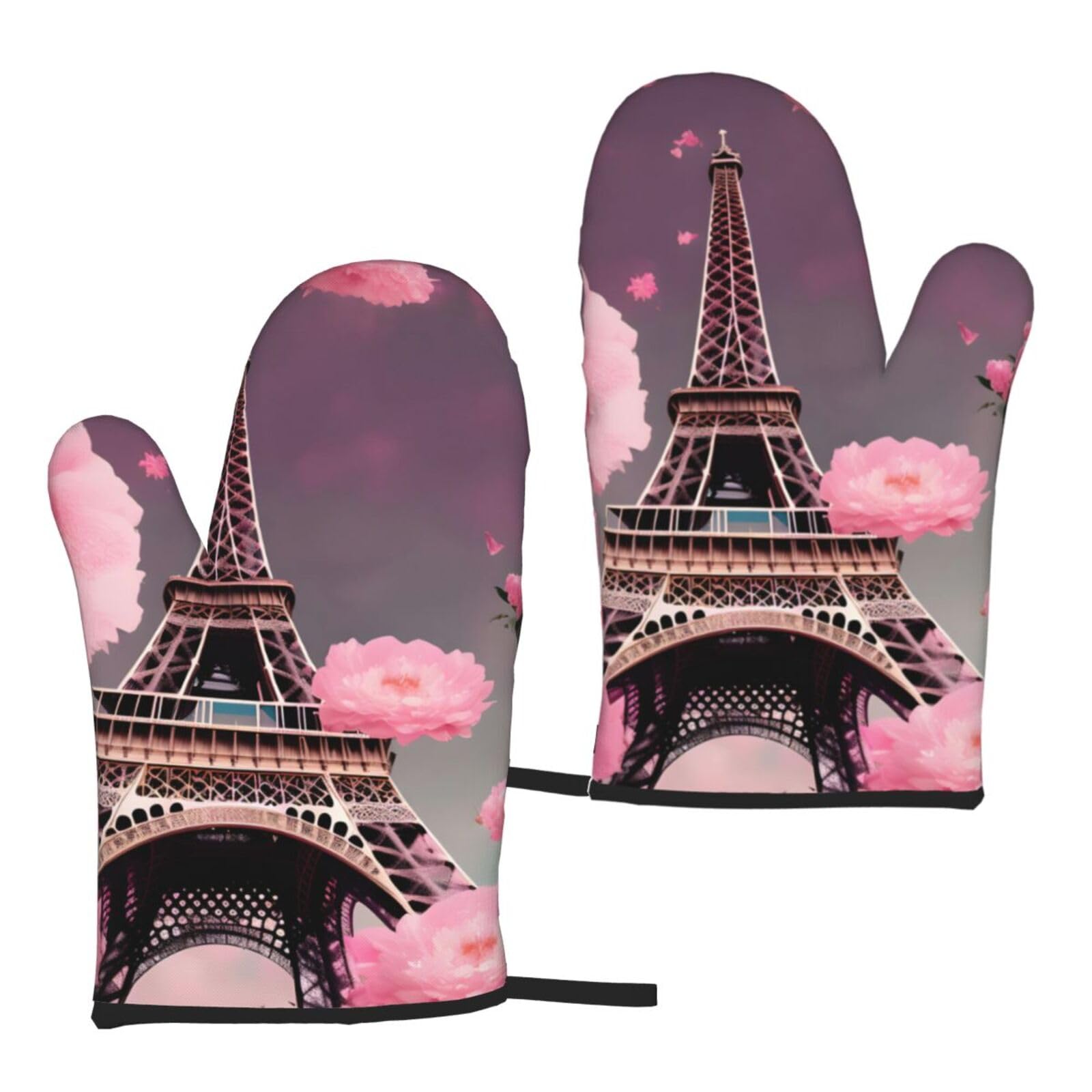 Nimongt Women's Black Paris Street Eiffel Tower Pink Floral Print Adults Universal Fit Heat Resistant Oven Gloves Reusable Cooking Outdoor Grilling