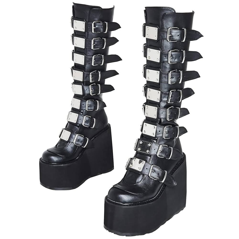 Goth Platform Knee High Boots for Women Buckles Studded Goth Platform Knee High Boots for Women Buckles Studded