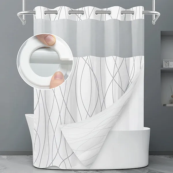 LXBNI No Hook Grey White Striped Shower Curtain with Snap in Fabric Liner Set - Hotel Liner Set with See Through Mesh Top Window,Machine Washable, 71x74 INCH