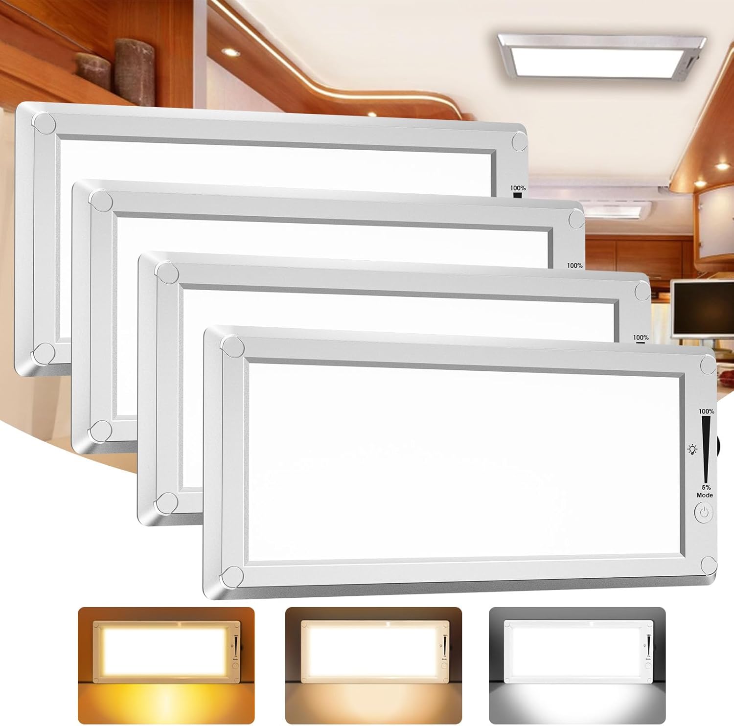RV lights interior, 4 pack 3 color temp, 12V ceiling dome with dimmable switch