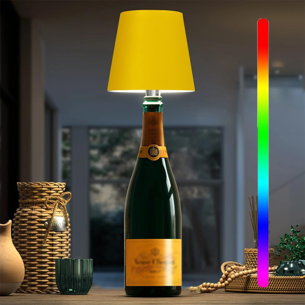 Asslye Pridola Wireless Bottle Lamp, RGB Light Modes & 3 Color Bottle Lights, Touch Dimmable with Stepless Brightness Control, Metal Wireless Wine Bottle Lampshade for Bars Restaurants (Yellow)