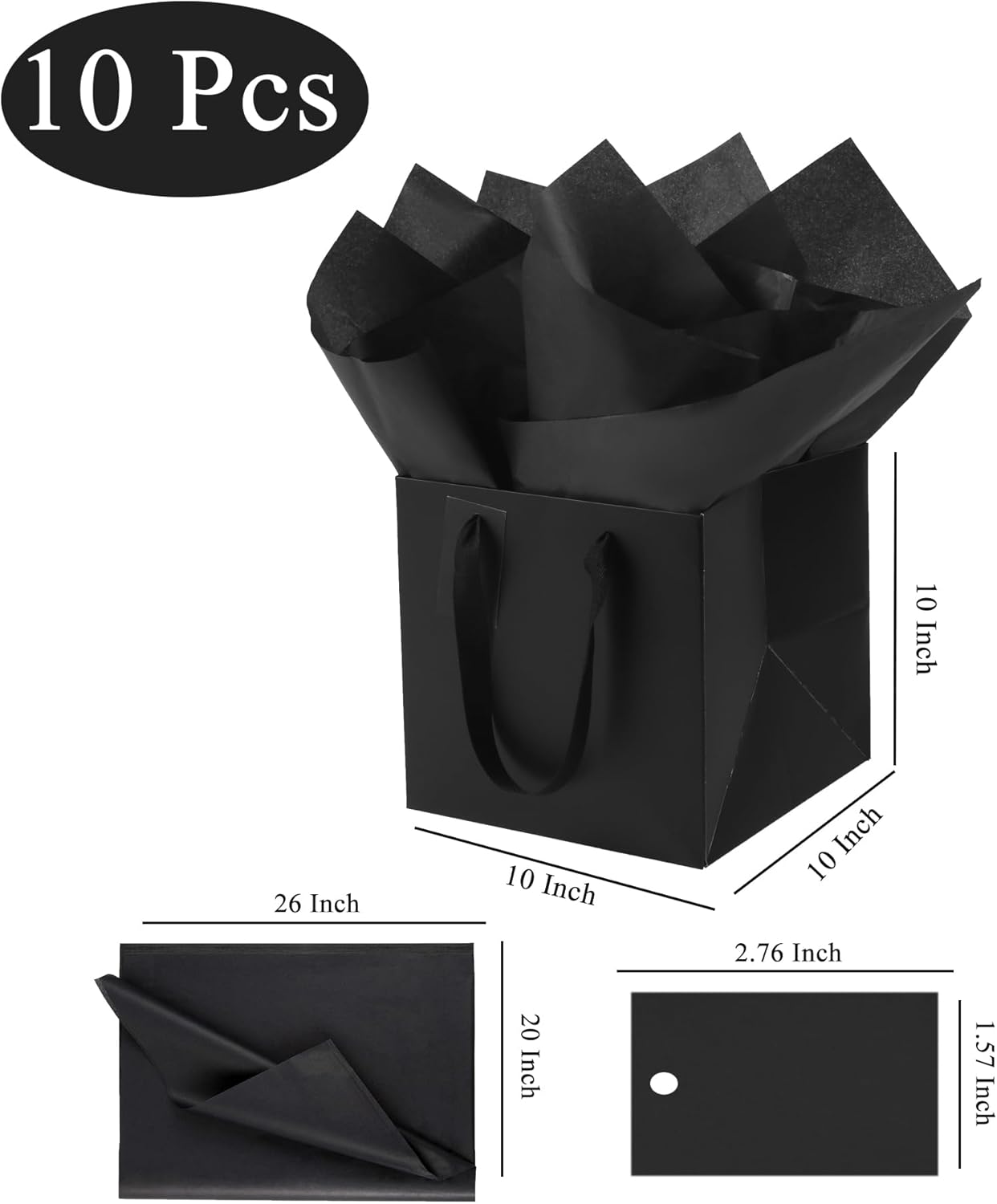 LFCXHTY 10 Pack Square Gift Bags with Tissue Paper Solid Medium Black Gift Bags with Handles for Party Favor Bag (10x10x10 In, Black)
