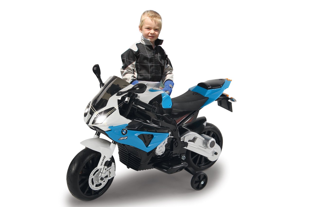 Jamara 460281 Ride-on motocykl BMW S1000RR niebieski 12 V-2-biegowy, wydajny silnik napędowy i czas jazdy akumulatora do 90 min, klakson, odgłosy silnika, reflektor LED, koła podporowe zdejmowane, stojak boczny
